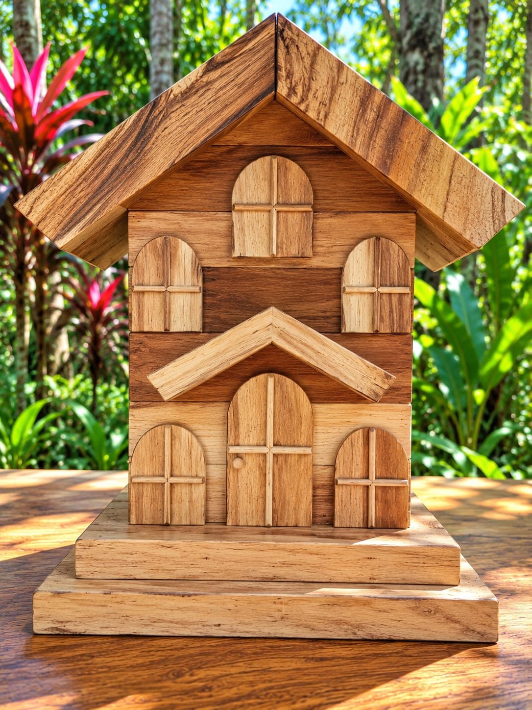 Casita de dos pisos con puertas y ventanas en arco