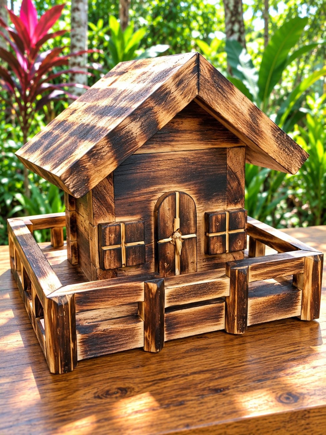 Casa en madera quemada, con puerta en arco y baranda