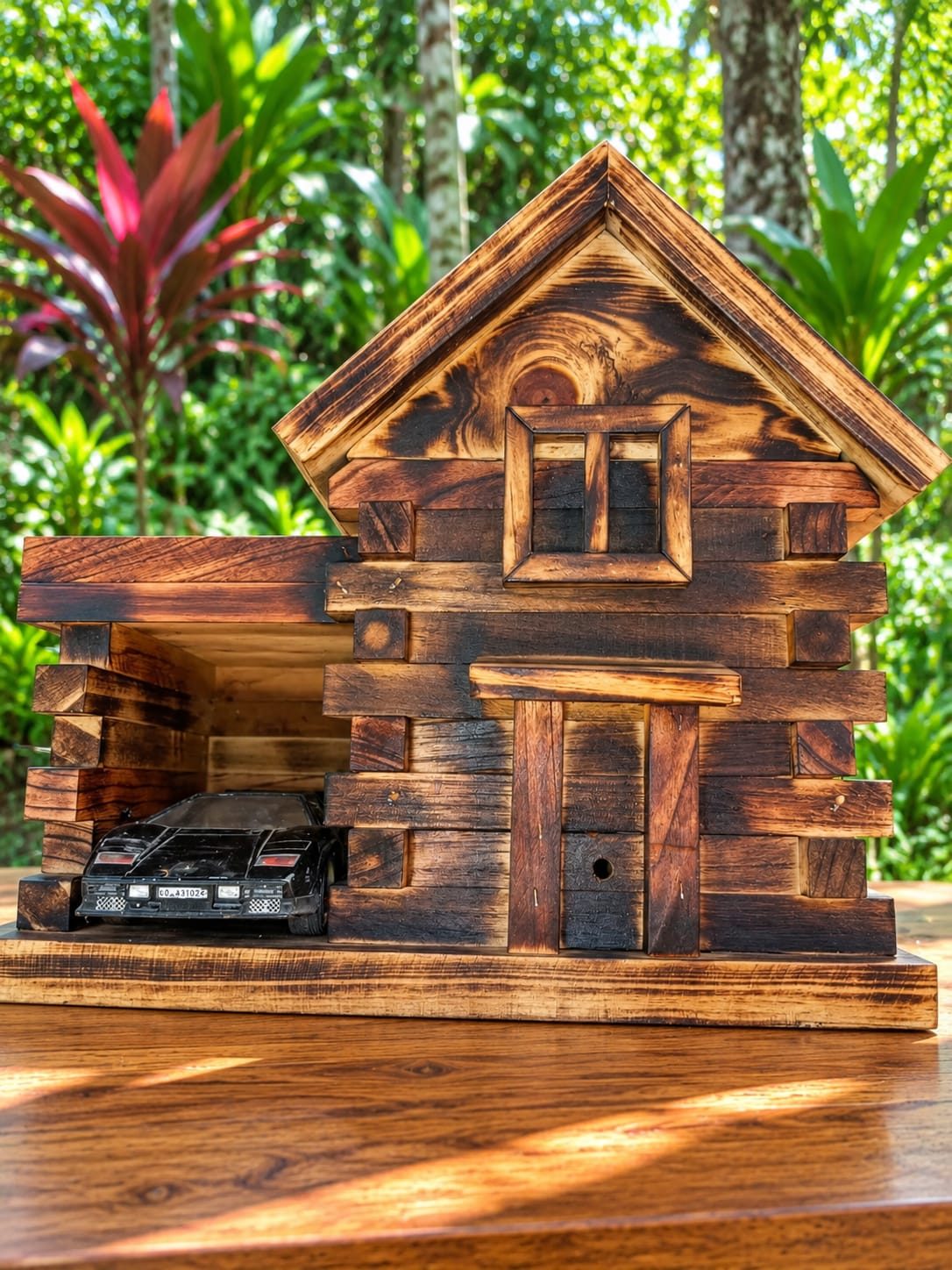 Cabaña de troncos en madera quemada, con cochera