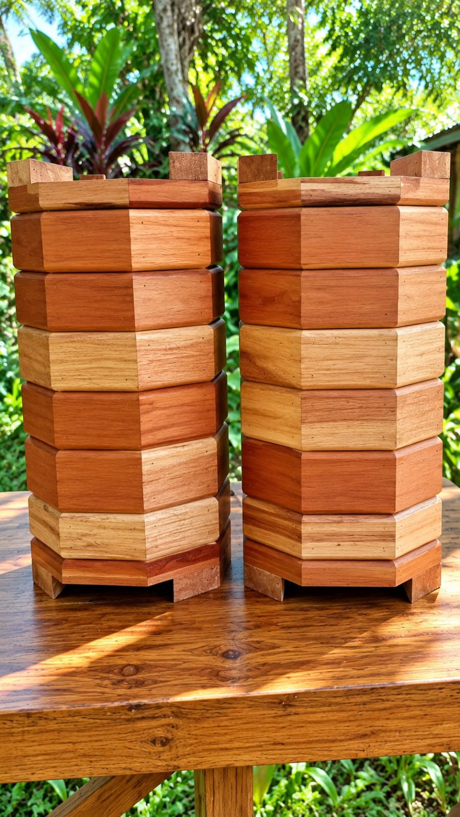 Dos colmenas hexagonales de madera, sobre poste